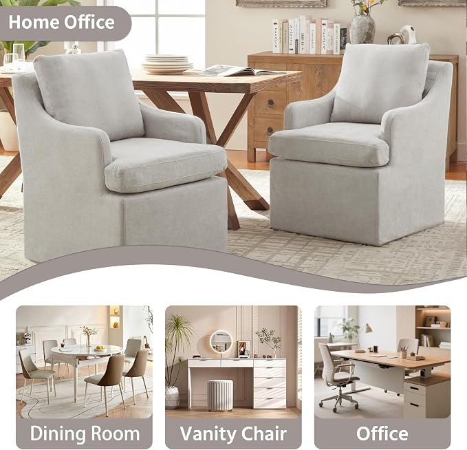 VKNOW Upholstered Dining Chairs, Modern Kitchen Chairs Dinner Chairs with 4 Casters, Chenille Armchair for Bedroom Reading Room Living Room, Light Grey