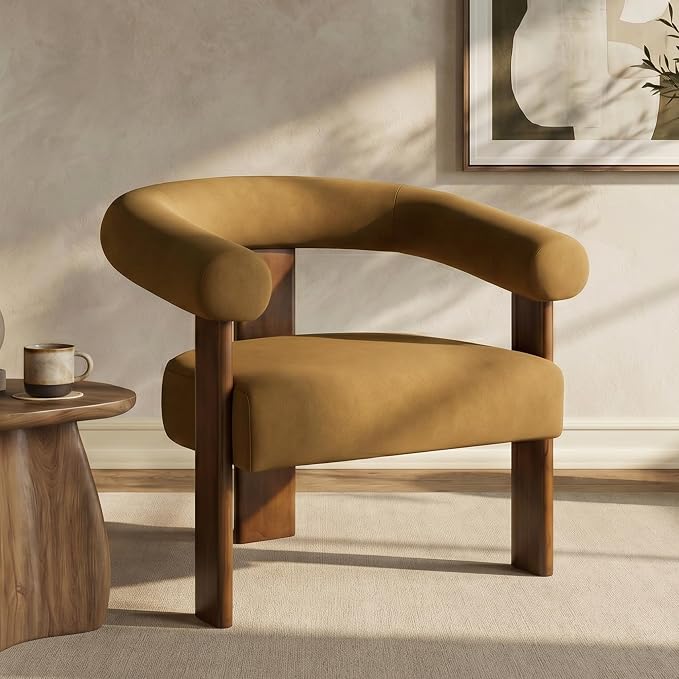 VKNOW Accent Chairs Set of 2, Living Room Chairs with Walnut Legs, Orange | Mohair-type Fabric, Barrel Back, Armrests, For Adults and Family, Living Room, Bedroom, Vanity, No Wobble, Easy Assembly