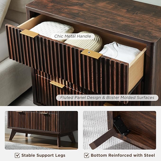 T4TREAM Fluted 3 Drawers Nightstand Set of 2, Oversized Extra Large Modern Side Table, End Table Bedside for Bedroom, Living Room, Curved Profile Design, Dark Walnut