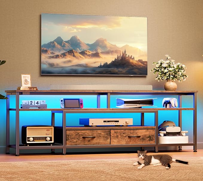 Huuger 63 Inch LED TV Stand for 65 70 Inch TV, Entertainment Center with Open Shelves and Power Outlets, TV Console for Living Room, Media Console with Drawers, Rustic Brown, 8779FC