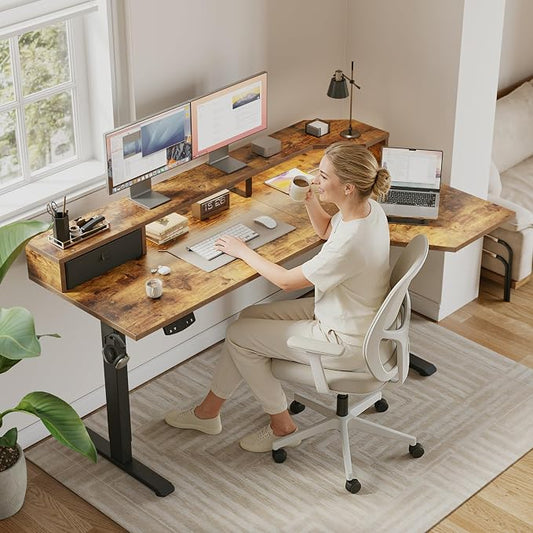 Agilestic 63 Inch L Shaped Electric Standing Desk with Shelf, Height Adjustable Large Desk with Power Outlets & LED, Corner Sit Stand Up Table with Monitor Stand, Computer Workstation, Rustic Brown
