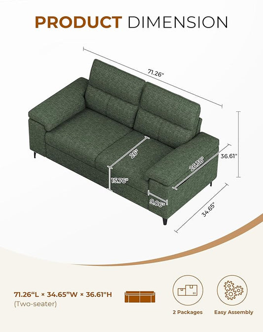Upvilla 71.25" Modern Sofa Couch for Living Room, Deep Seat Sofas with 8”Cushion, Comfy 2-Seater Chenille Loveseat with Convertible Armrest, Removable Sofa Cover, High Leg(Green)