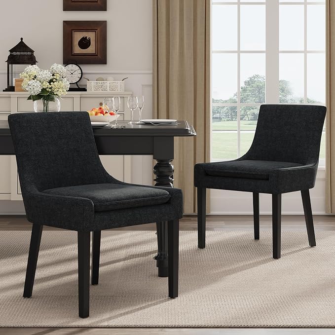 Modern Dining Room Chairs Set of 4 with Mid Back and Wood Legs, Upholstered Kitchen Chairs for Dining Room/Living Room, Black