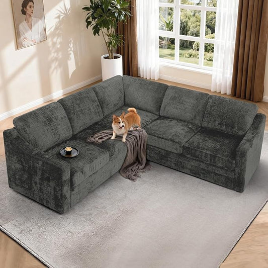 89" Chenille Sectional Sofa with High Density Sponge, Modern 5 Seats Corner Couch with Deep Seat, Comfy Modular L Shaped Couch with Comfortable Back Cushions for Living Room, Grey