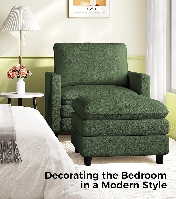 Welzona 3-Layers Cloud Accent Chair with Ottoman, 33" Comfy Reading Chair for Bedroom, Living Room, Tool-Free Assembly with Teddy Fabric Arm Chairs and Ottoman Set, Green, Removable Washable Cover