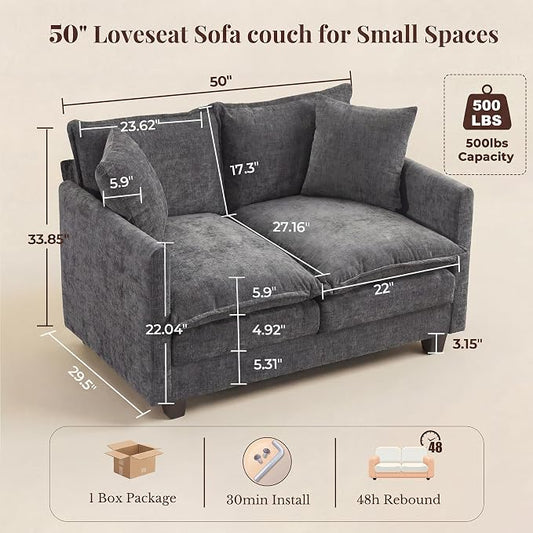 Loveseat Sofa with Cloud 3-Layer Cushion & 27" Deep Seat, Modern Love Seat Small Couch with 2 Washable Pillows for Small Spaces, Bedroom, Apartment, Office, Living Room, in a Box, 50-Inch Grey