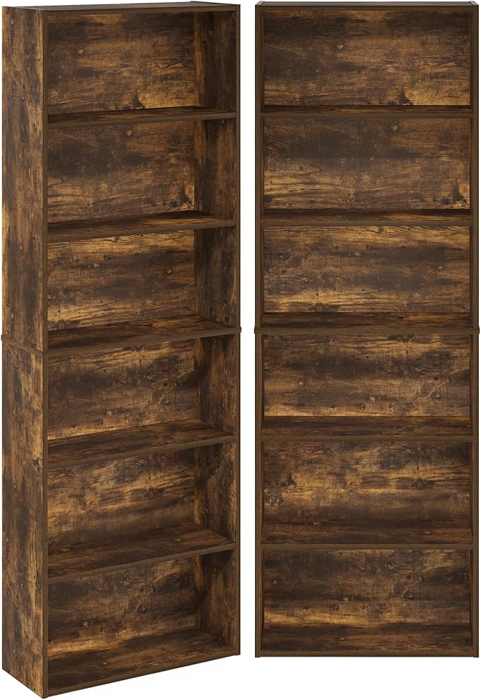 Furinno Jaya Book Shelf Set of 2, 6-Tier Bookshelf, Bookcase, 9.5 x 24.6 x 71, for Home Office, Living Room, Amber Pine