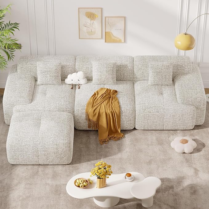 122" Modern L Shaped Modular Sectional Sofa, Boneless Couches for Living Room with Ottoman,4 Seater Convertible Chenille Cloud Couch Sofa Set, No Assembly Required, Beige 1 PCS