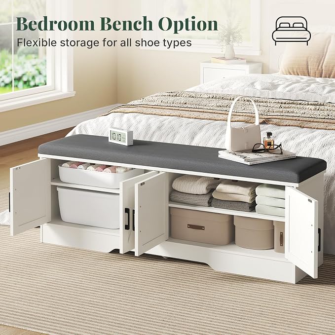 DUMOS 47 Inch Storage Bench, Shoe Organizer Cabinet with Thickened Padded Seat Cushion, Entryway Bench with 4 Doors & Adjustable Shelf for Hallway, Bedroom, Living Room, White