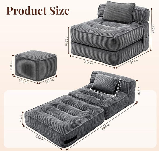 Folding Sofa Bed, Convertible Sleeper Chair with Pillow Foldable Mattress with Back Support, Portable Fold Out Chair Bed Comfy Floor Couch Lounge for Living Room Bedroom Apartment Single