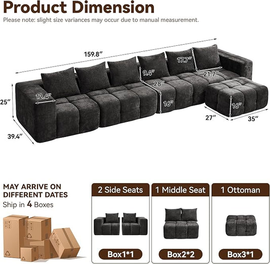 160" Boneless Couch, Oversized Cloud L Shaped Couch, Modular Sectional Sofa with Deep Seat, Modern 6 Seater Sectional Couches for Living Room Bedroom, Tufted Sofa, No Assembly Required, Dark Grey
