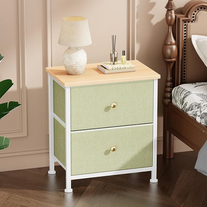 DUMOS Nightstand Set of 2, Bedside Table for Bedroom, Small Dresser | Side/End Table with 2 Fabric Drawers, Storage Cabinet Furniture, 20 Inch Night Stand for Closet, Entryway, Light Green 2Pack