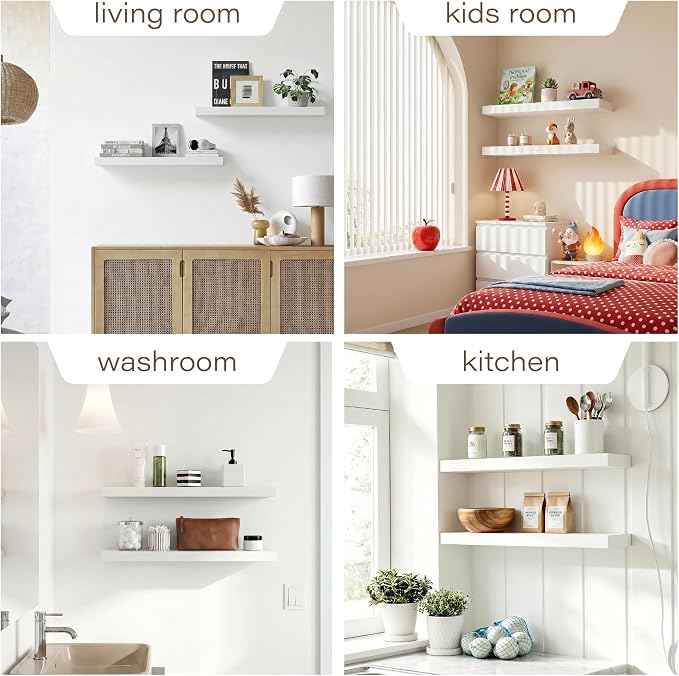 White Floating Shelves for Wall, 23.6'' Wall Mounted Shelves for Bathroom,Bedroom,Living Room,Kitchen&Office,Set of 2