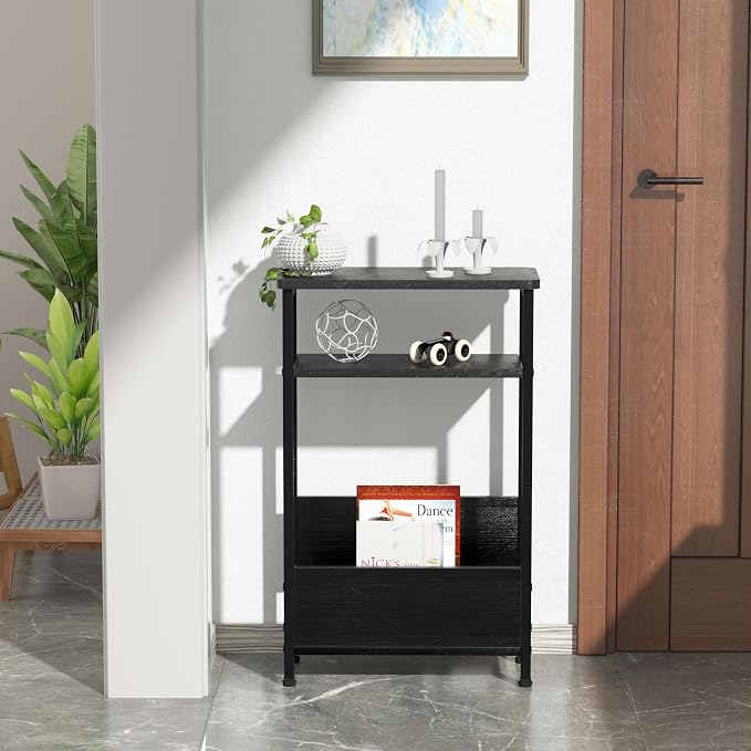 THUMEYE 7.1" Narrow Side Table for Small Spaces, 3 Tier Small End Table with Magazine Holder, Slim/Skinny Nightstand/Bedside Table for Living Room, Bedroom, 15.4" L x 24.2" H, Black