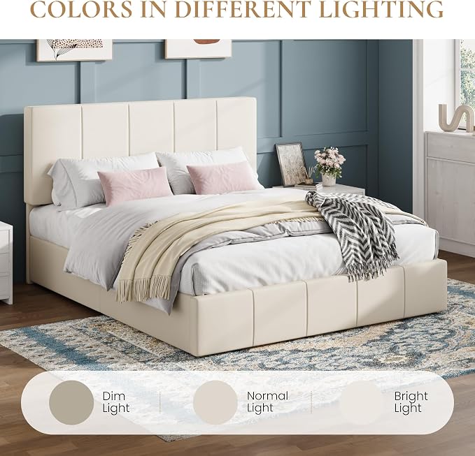 SHA CERLIN Queen Bed Frame, Dutch Velvet Upholstered Platform Bed, Vertical Channel Tufted Adjustable Headboard, Low Profile Bed Frame, No Box Spring Needed, Easy Assembly, Cream