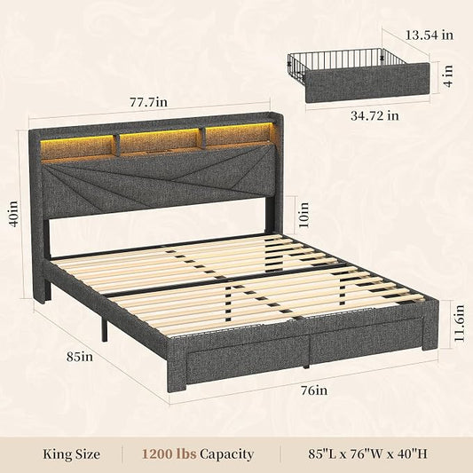 King Size Bed Frame with Storage Headboard, Upholstered King Platform Bed Frame with LED Lights, USB Charging Station & 2 Storage Drawers, No Box Spring Needed, Dark Grey