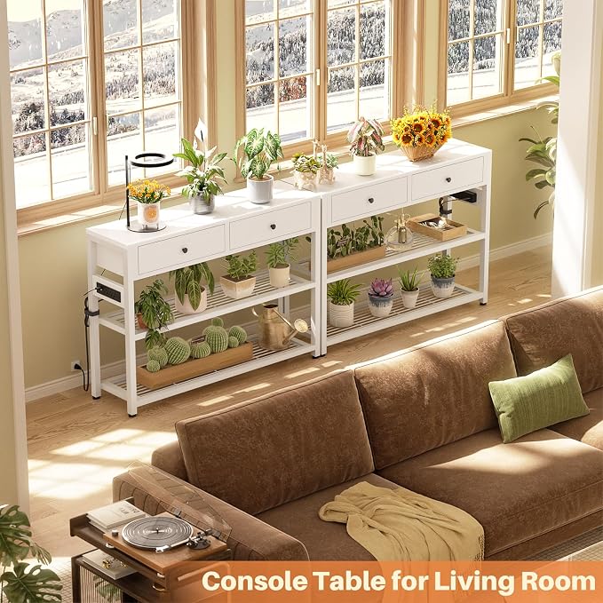 Ecoprsio Entryway Table with Outlets and USB Ports, Console Table with 2 Drawers, Small Sofa Table with Storage Shelves for Living Room, Couch, Hallway, Foyer, Kitchen Counter, 32'', White