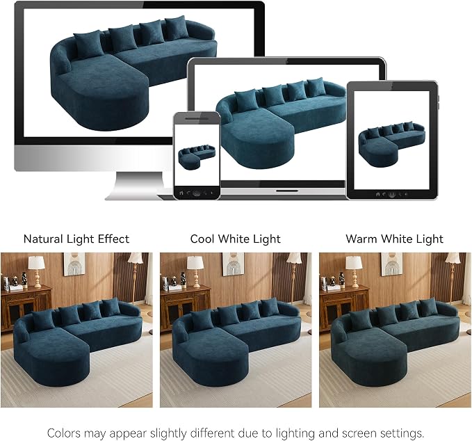 105.5" Boneless Curved Couch, L Shaped 4-Seater Cloud Couch with Deep Seat Chaise, Oversized Curved Sofa, Chenille Modular Sectional Couches for Living Room, No Assembly, Blue