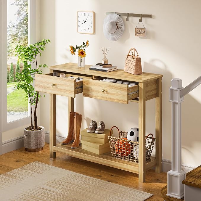 Gizoon 2 Drawer Console Table, 2-Tier Wood Entryway Table with Storage Shelves, 39" W Wood Accent Sofa Table for Front Hall, Hallway, Living Room, Oak Color