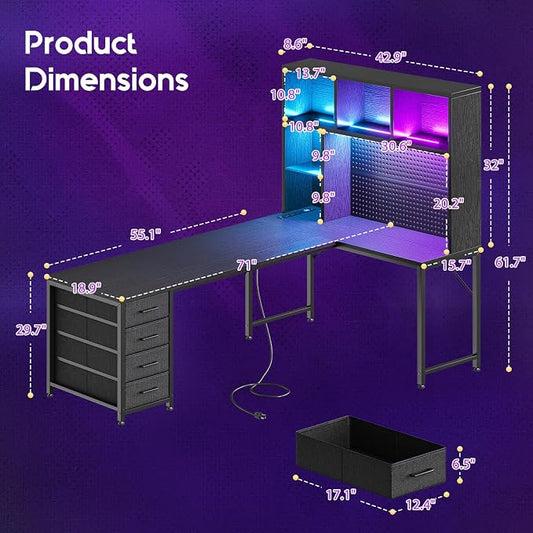 AODK 71" L Shaped Gaming Desk with Hutch, Pegboard & Shelves, L Shaped Desk with 4 Drawers, Integrated LED Light Strip & Power Outlets, Reversible PC Gaming Computer Desk, Black