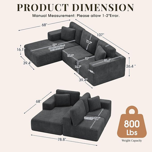 GRUSIGN 107'' Cloud Sectional Boneless Couches for Living Room, Modular L Shaped Couch with Deep Seat Oversized Left Facing Chaise, Memory Foam Compressed Spineless 3 Seater Sofa, Wide-Striped Grey