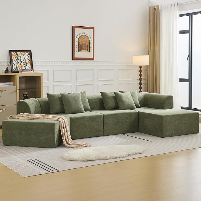 140''Oversized Cloud Velvet Curved Sectional Couch, Boneless Couch with L-Shape Chaise, Upholstered Compression Memory Foam Modular Sectional Sofa for Living Room, No Assembly Required, Green