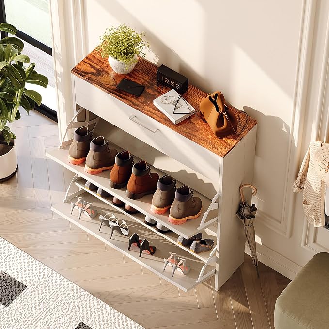 VINGLI Shoe Cabinet for Entryway, Farmhouse Slim Shoe Rack Storage with 3 Flip Drawers, Rustic Brown Top & Washed White Body, Narrow Hidden Shoe Organizer for Hallway, 9.5" Depth