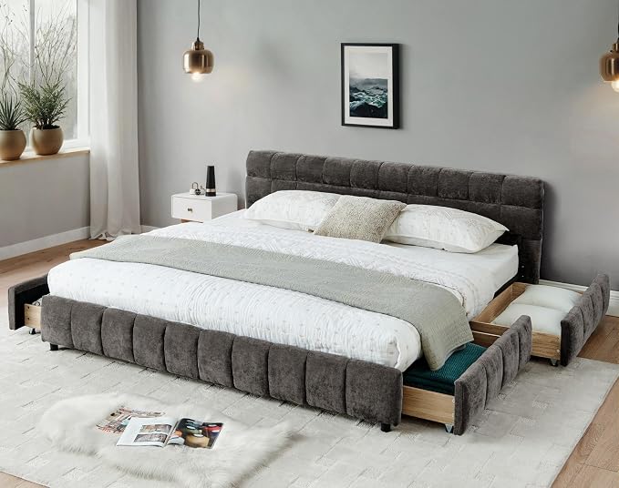 KEIKI King Thick Chenille Bed Frame with 4 Storage Drawer & Upholstered Tufted Headboard, Modern Solid Wood Floor Platform for Bedroom, No Box Spring Needed