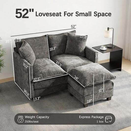 52'' Loveseat Sofa with Ottoman, Cloud Sofa Couch with 27" Deep Seat & 2 Pillows, Modern Comfy Chenille Small Couch for Small Spaces, Apartment, Studio, Bedroom, Living Room