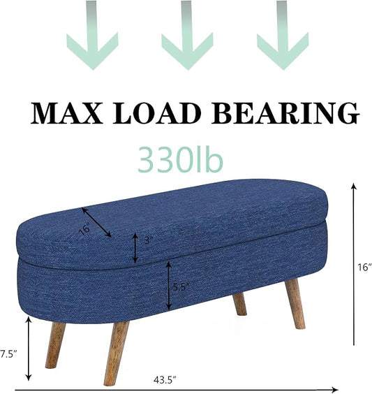 43.5" Ottoman with Storage, Storage Ottoman Bench with Safety Hinge, Foam End of Bed Bench, Upholstered Entryway Bench for Bedroom, Living Room & Window, Holds up to 330 lb, Blue