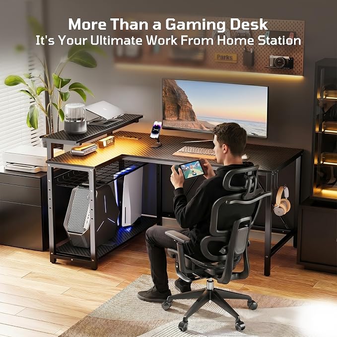 Bestier Gaming Desk with Power Outlets, 42" L-Shaped Computer Desk with LED Lights, Desk with Reversible Storage Shelves & Hooks for Small Spaces, Bedrooms & Offices, Black Carbon Fiber