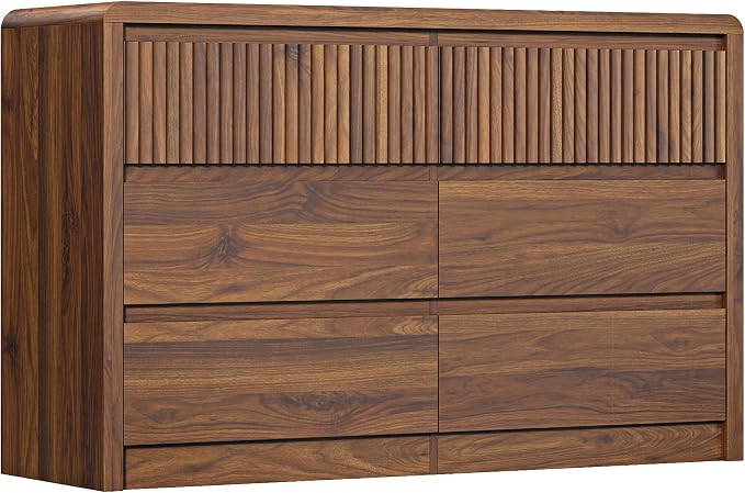 LYNSOM 6 Drawer Dresser for Bedroom, 50" Wide Fluted Dresser with Curved Corners, Wood Dressers & Chests of Drawers with Dual-Panel Design for Bedroom, Entryway, Walnut