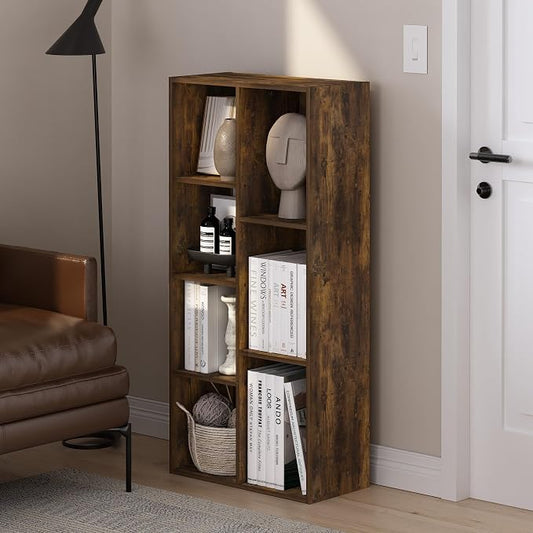 Furinno LUDER Book Shelf, 7-Cube Bookshelf, Bookcase with Open Shelves, 9.4 x 19.5 x 41.7, Easy Assembly, for Living Room, Bedroom, Home Office, Amber Pine