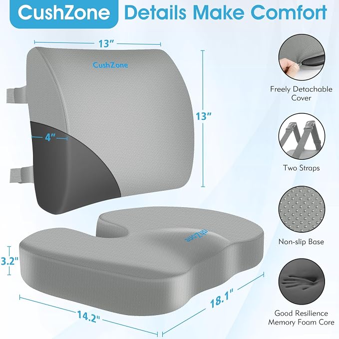 CushZone Ergonomic Seat Cushion & Lumbar Support Pillow - Memory Foam for Sciatica Pain Relief & Posture Correction, Non-Slip Chair Cushions for Office Chair/Car/Wheelchair/Travel, Light Grey