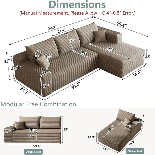 95" Modular Sectional Sofa, Modern Corduroy Cloud Couch with Side Pockets, Boneless Couch Upholstered 3-Seater L-Shaped Sofa for Living Room, No Assembly Required (Camel,Right-Facing Chaise)