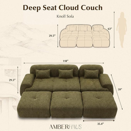 118'' Modular Sectional Cloud Couch Boneless Couches, Oversize Curved Sectional Couches for Living Room, Deep Seat Couch Lambswool Sofa with Ottoman & Throw Pillows, No Assembly, HR Foam