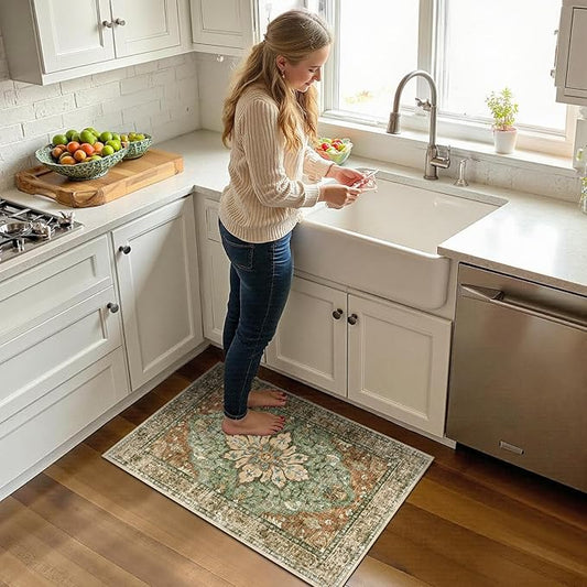 RELEANY Area Rugs Small 2'x3' Washable Non-Slip, Floral Vintage Distress Medallion Carpet for Kitchen Entryway Bathroom, Terracotta Burnt Orange Green