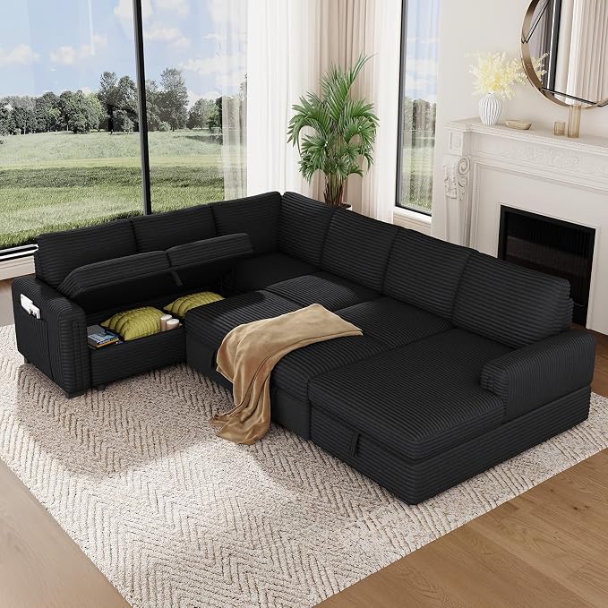 Vesgantti 113.6" Modular Sectional Sofa with Pull Out Couch Bed, 7 Seater U Shaped Sleeper Sofa with Storage Chaise, Corduroy Sectional Couch for Living Room, Bedroom, Apartment, Black