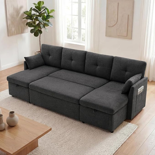 Huatean Home Oversized Sleeper Sofa Couch, 100 inch 2 in 1 Pullout Couch Bed with Side Pockets for Living Room, Sectional Sleeper Sofa Bed with Double Storage Chaise, Black