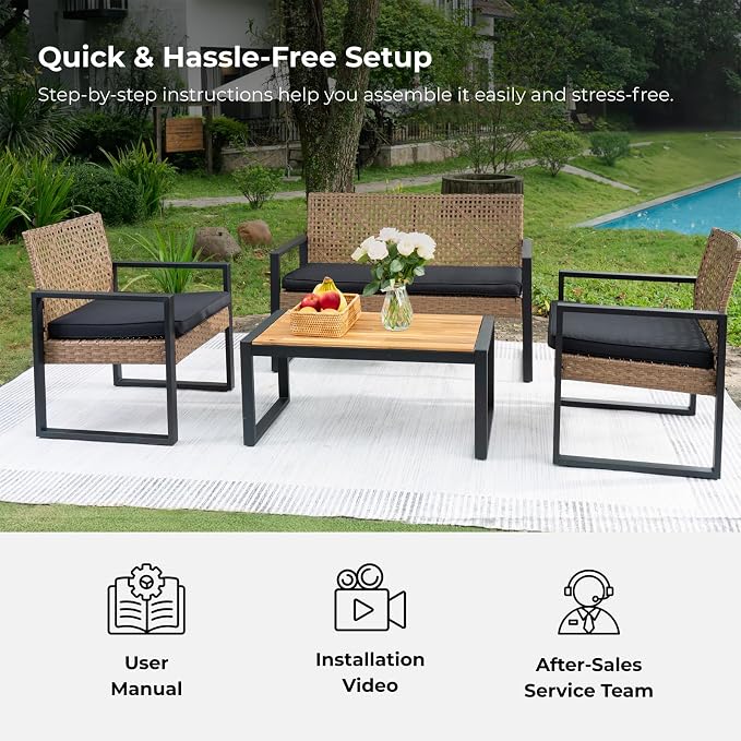 All-Weather 4 Piece Outdoor Rattan Patio Furniture Set (Light Brown) | Acacia Wood Table & Cushions