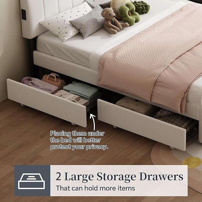 Queen Size Upholstered Platform Bed w/Trundle Bed & 2Storage Drawers | Twin Size Trundle,Two Drawers,LED Lighting Controlled by APP, USB+Type-C Charging Ports,Chenille Upholstered Bed Frame,Beige