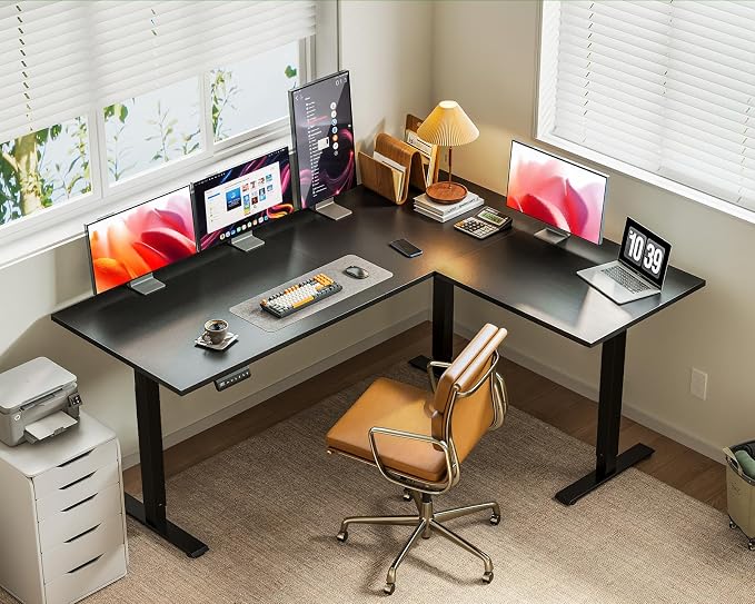 Casaottima 63 Inch Reversible L Shaped Electric Standing Desk, Ergonomic Height Adjustable Desk, Large Lift Corner Stand up Table for Workstation, Home Office, Reception Room, Black