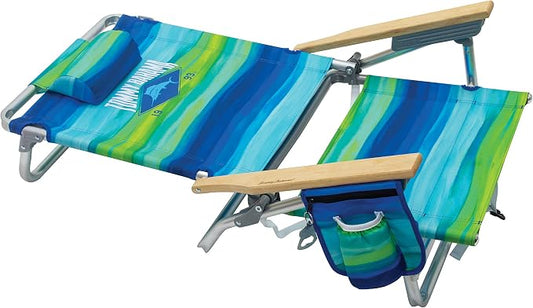 Tommy Bahama 2-Pack 5-Position Classic Lay Flat Backpack Beach Chair with Cooler and Cup Holder, Portable Folding Beach Chair for Tanning, Blue/Green