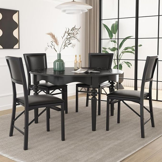 VECELO Folding Dining Chairs Set of 4, Metal Padded Foldable Seating with Comfortable Faux Leather, Space-Saving Portable Guest Seats for Kitchen & Office, No Assembly, Black