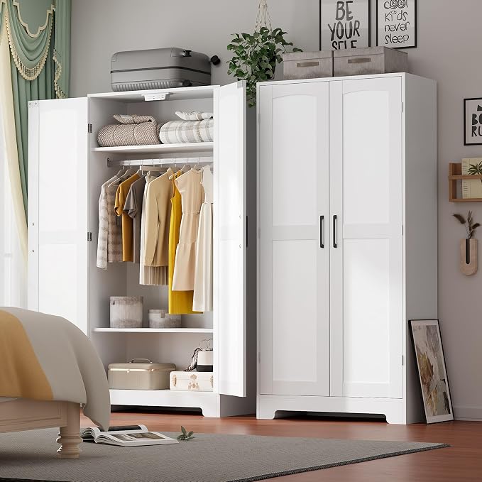 Wooden Armoire Wardrobe Closet, Wardrobe Cabinet with Door and Shelves, Freestanding Bedroom Armoires Clothing Storage Cabinet with Hanging Rod for Bedroom, Laundry Room, Cloak Room(White)