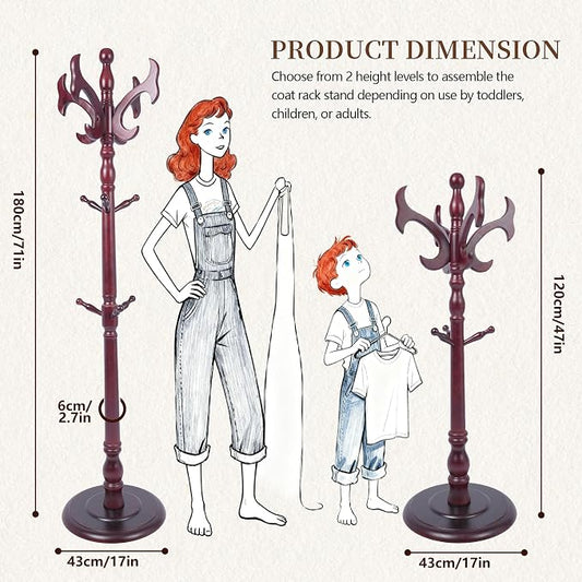 Wooden Coat Rack Free standing 14 Hooks, Vintage Coat Rack Stand for Entryway, Adjustable Height 73", Heavy Duty Coat Tree with Solid Round Base for Home Bedroom, Office (Antlers)