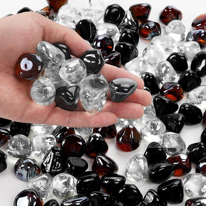 Blended Fire Glass Diamonds for Propane Firepit, Fireplace and Outdoor Decorative, 1 Inch Firepit Glass 20LB (Crystal Ice +Onyx Black + Amber)