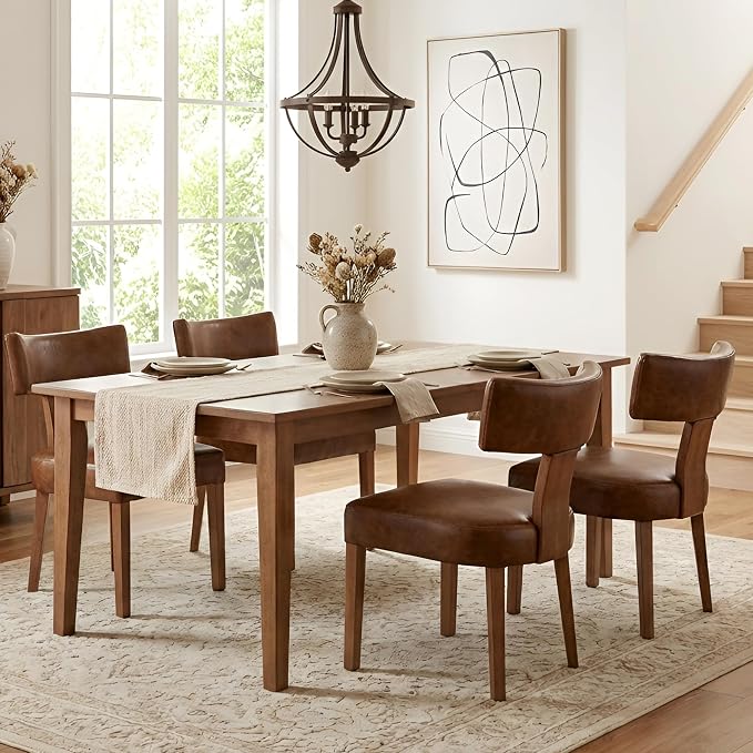 HNY Century Modern Dining Chairs Set of 6, Farmhouse PU Leather Upholstered Accent Chair Curved Backrest Kitchen Chairs, with Hardwood Frame, Brown 6PC