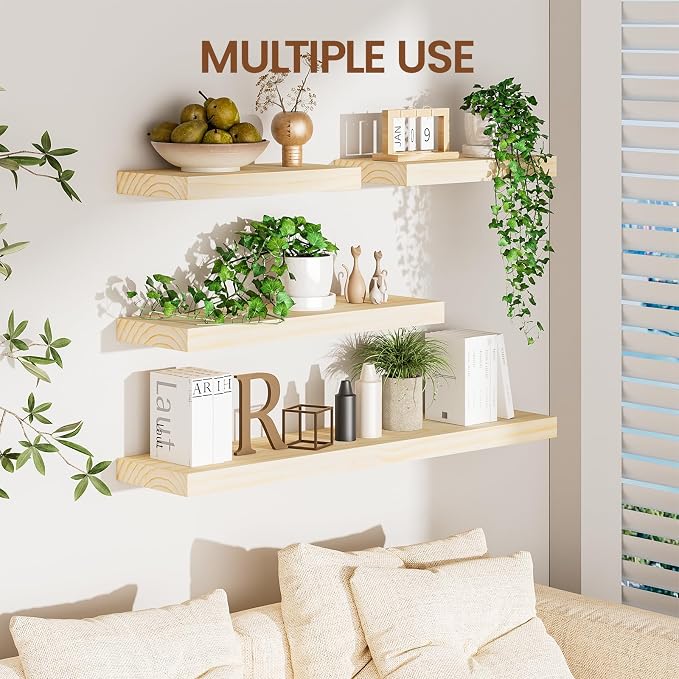 Heimlove Unfinished Wood Floating Shelves, Pine Shelves for Wall Set of 2, Wall Mounted Rustic Wood 8 Inch Deep Floating Shelf with Invisible Brackets for Bedroom Kitchen Living Room - Natural, 36x8
