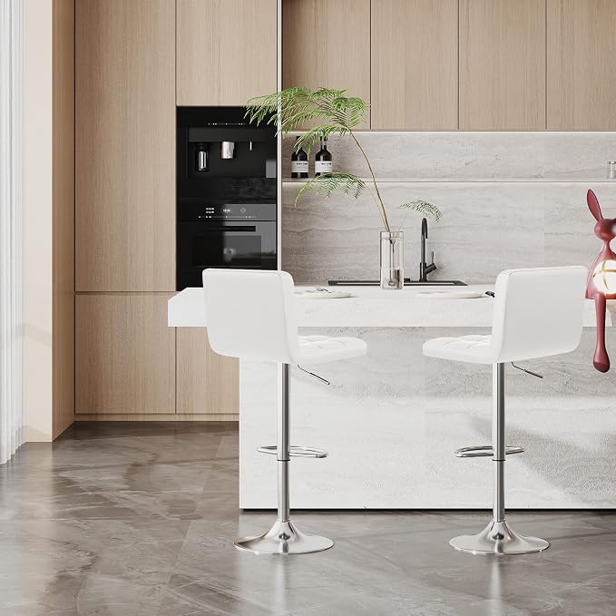 Furniwell Bar Stools Modern Pu Leather Swivel Adjustable Barstools Armless Counter Height Swivel Bar Stool Synthetic Leather Height Square Barstool with Set of 2 (White)